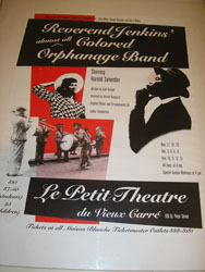 Poster image from play, red, black and white; a band, a reverend, a lady